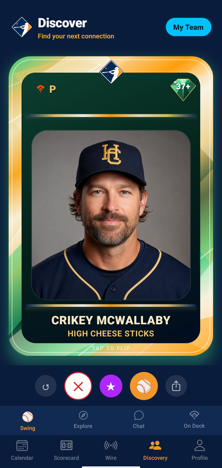 Discovery in the app: one player's holographic card, undo, pass, all-star, interest and share beneath it, and Swing, Explore, Chat and On Deck along the bottom of the screen.