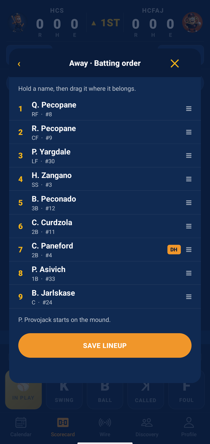 The batting order sheet in the app: nine slots with each man's position and number, a designated hitter marked, the starting pitcher named underneath, and Save Lineup.