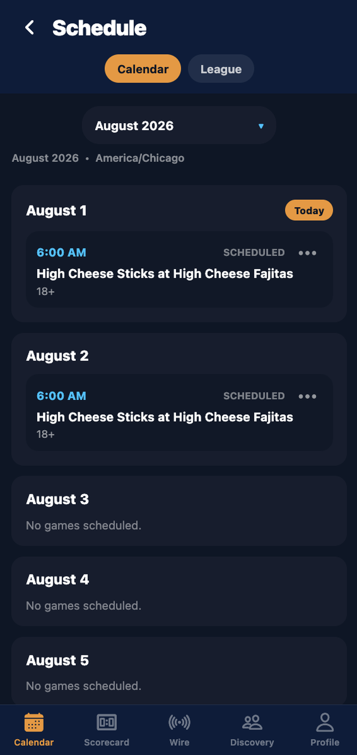 The schedule in the app: August 2026 in America/Chicago, a card per day, today badged, and two scheduled games with their first pitch and age bracket.