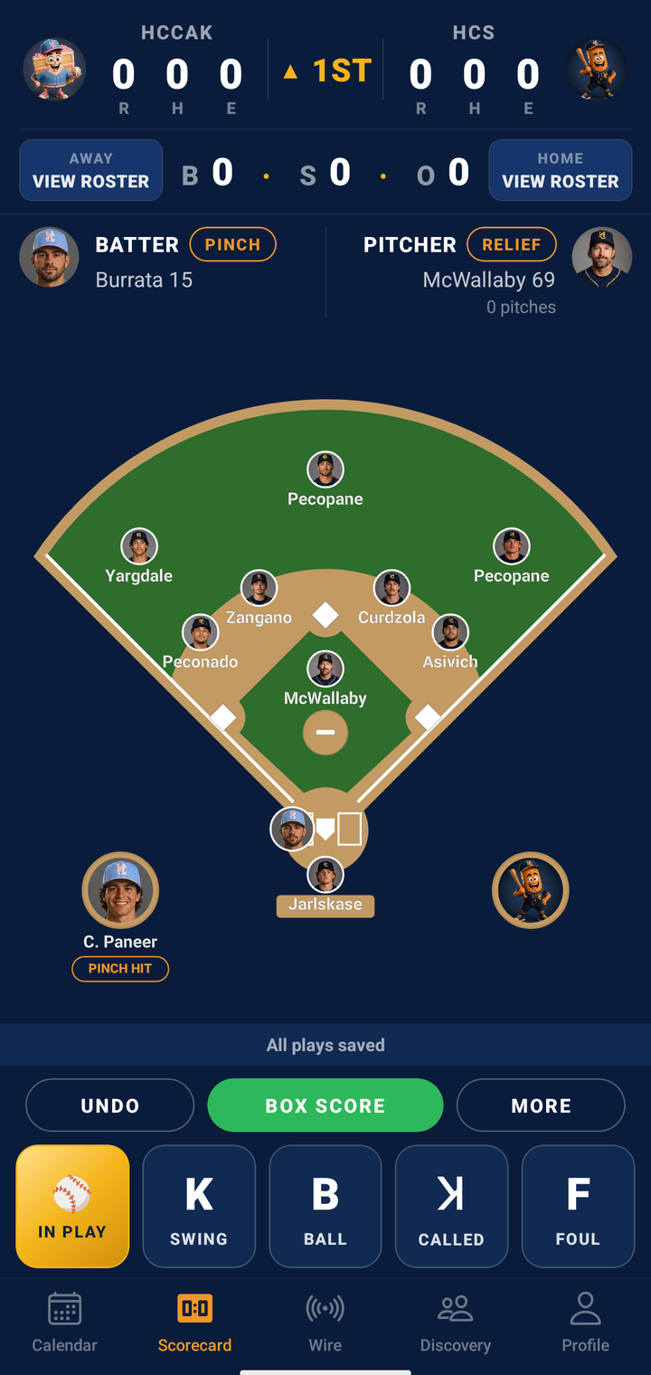 The scorecard in the app: the scoreboard slat, the field with all nine fielders on it, and the five pitch keys.