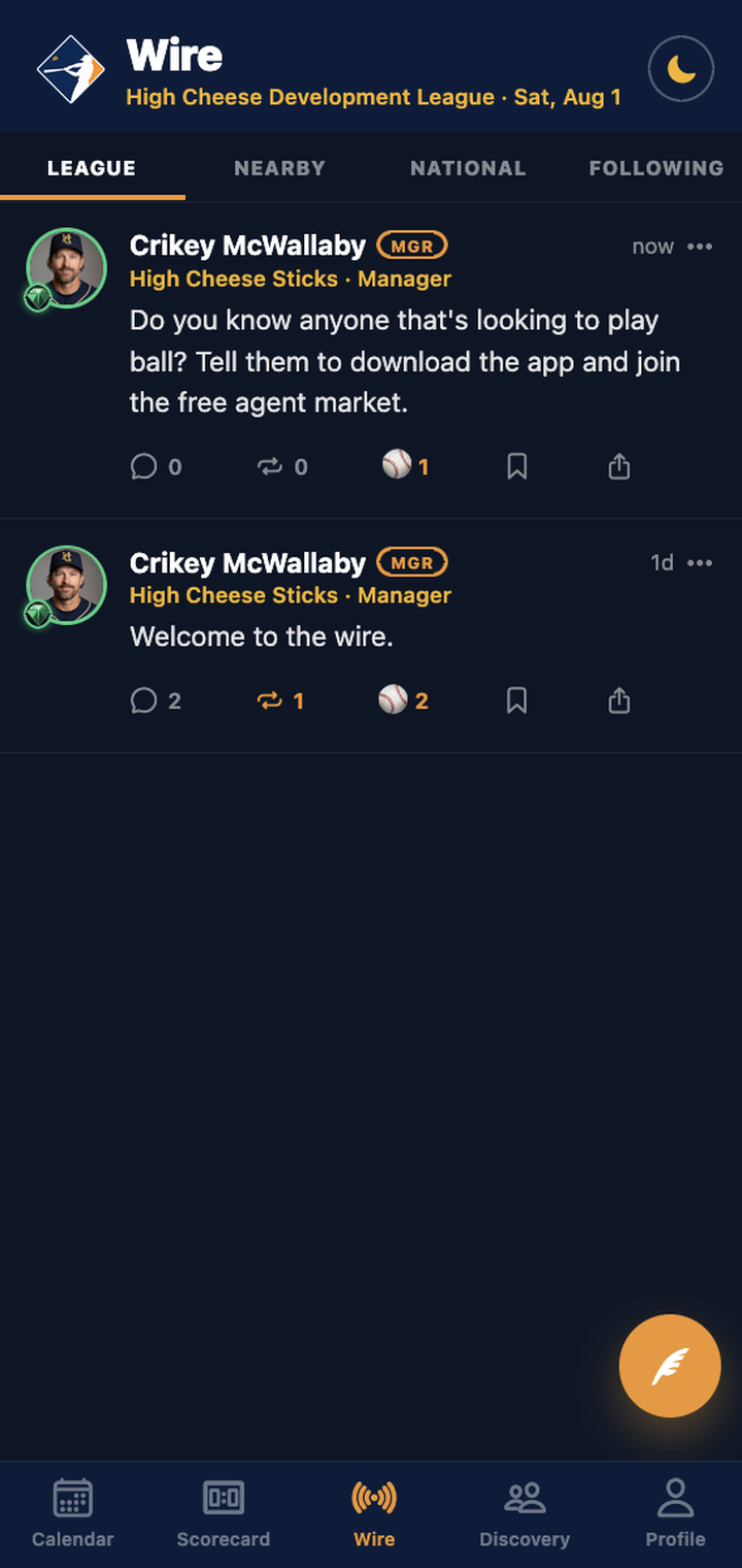 The Wire in the app: the League, Nearby, National and Following scopes, and two posts from a manager with reply, relay, like, save and share under each.