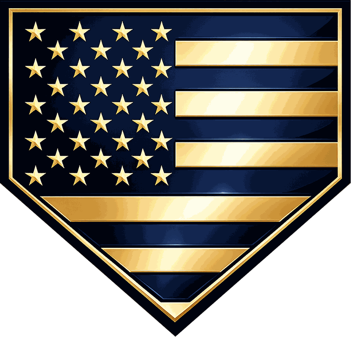 A home plate rendered as an American flag in navy and gold.